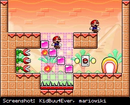 Minis marching down a staircase in Mario vs. Donkey Kong 2.