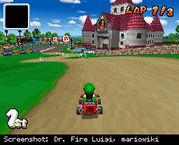 Luigi driving along Mario Circuit in Mario Kart DS.