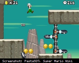 Luigi rebounds off a Bullet Bill in New Super Mario Bros.