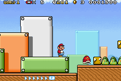 Mario kicks a shell in Super Mario Advance 4.