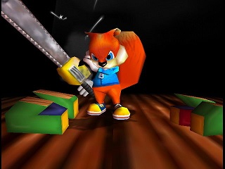 Conker goes Phobos on the N64 logo in Bad Fur Day.