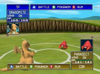 Dragonite versus Parasect in Pokemon Stadium.