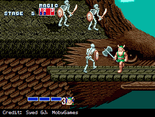 The player character prepares to axe some skeletons in Golden Axe.