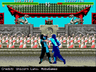 Subzero battles Scorpion with blood turned off in Mortal Kombat.