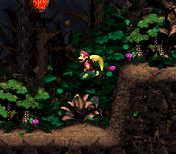 Dixie jumps for a DK barrel in DKC2.