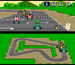 Starting a GP Race in Super Mario Kart.