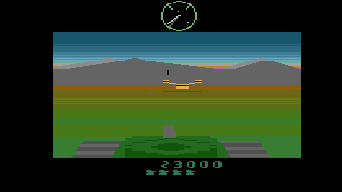 A yellow hoverjet prepares to fire on the player in Battlezone.