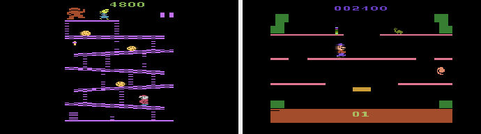 Mario ascends the 25m scaffold in Donkey Kong and runs for a coin in Mario Bros.