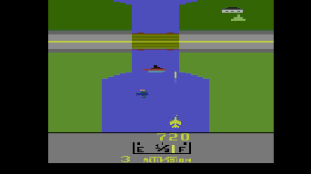 The player prepares to fire on a bridge in River Raid.