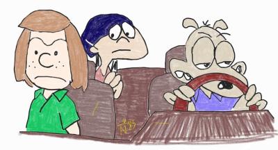 A similar scene, substituting Patrick, Flutter, and Goofy with Peppermint Patty, Double Dee, and Rocko.