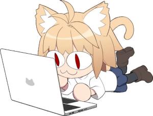 Image: Neco-Arc at a laptop.