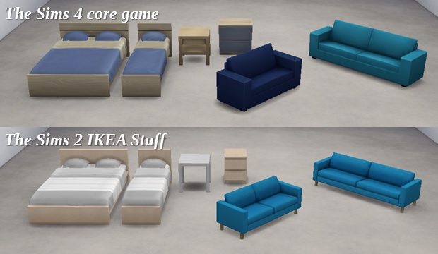 Side by side comparison of The Sims 4 and TS2 Ikea Stuff furniture.