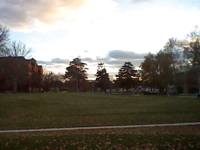 The science meadow, a large grassy knoll where the science building used to be. Old Main is visible on the left, the new science hall is visible behind a tree on the right.