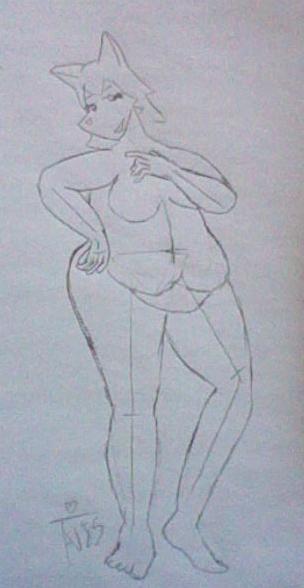 Pencil sketch of Fenna doing a sexy pose. Reference lines are still visible.