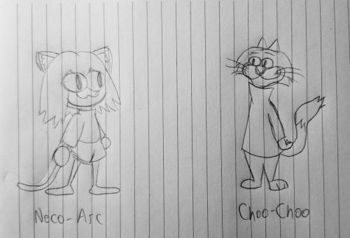 A pencil sketch of Neco-arc from Tsukihime and Choo-Choo from Top Cat, drawn in their respective styles.