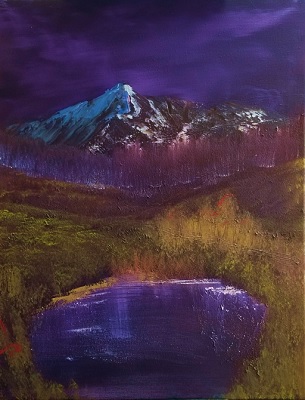 A Bob Ross style mountain landscape painting.