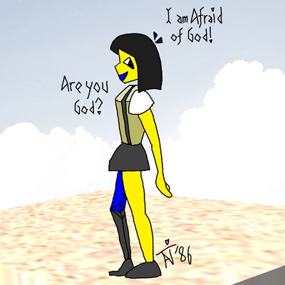 ENA standing on a 3D plane made of gravel saying, 'I am afraid of God. Are you God?'