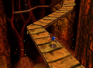 Screenshot. A precarious catwalk high up in Click Clock Wood.