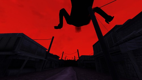 A giant black humanoid figure swimming in the red sky above a post-apocalyptic town.