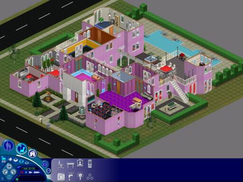 Image. A large, brightly-coloured, hacienda style mansion decorated like the mid-1980s.