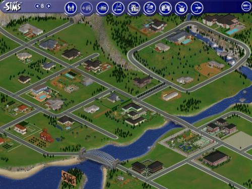 Image. The Sims 1 neighbourhood view with Old Town and the Gothic Quarter added onto it.