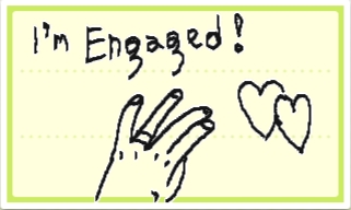 Close up on her left hand, where there is a ring on her 3rd finger. Superimposed text reads, 'I'm engaged!'