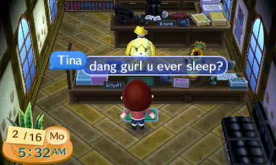 Mayor Tina stands in the Westfold Town Hall at 5:32 am. She asks Isabelle, 'Dang, girl, you ever sleep?'