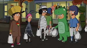 Screenshot: The Belcher kids go trick-or-treating on King's Head Island.