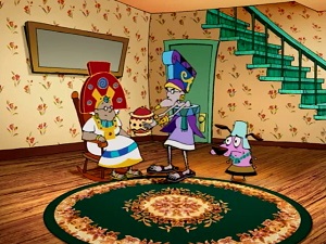 Screenshot: Muriel, Eustace, and Courage as the Mayan royal court.