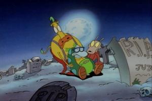 Screenshot: Rocko and Heffer attend a passed out Filburt next to Jub's grave.