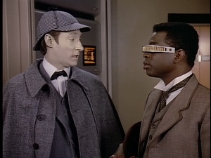 Screenshot: Data and Geordi prepare to enter the Holodeck as Holmes and Watson.