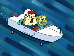 Mrs. Puff and Spongebob careen through the sea in a boatmobile.