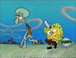 Squidward and Spongebob deliver the first and only Krabby Pizza.
