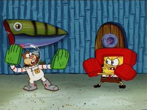 Spongebob and Sandy play karate.