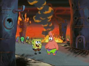Spongebob and Patrick save the town by destroying it.
