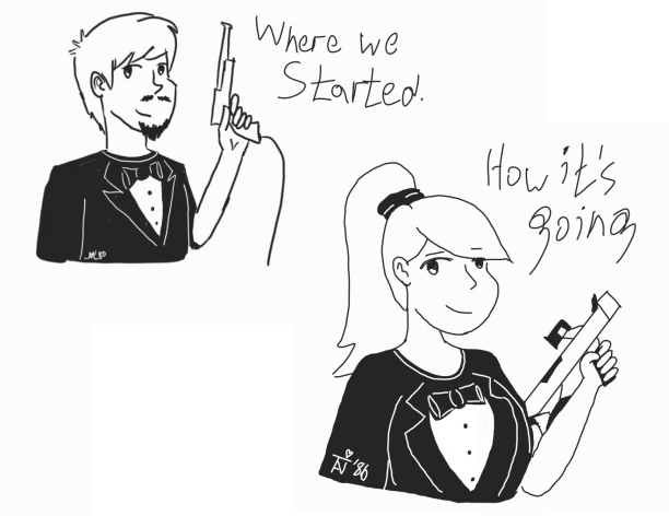 Where we started, a young man in a tuxedo teeshirt, holding an NES Zapper. How it's going, a young woman with a ponytail, wearing the same shirt and holding a Super Scope.