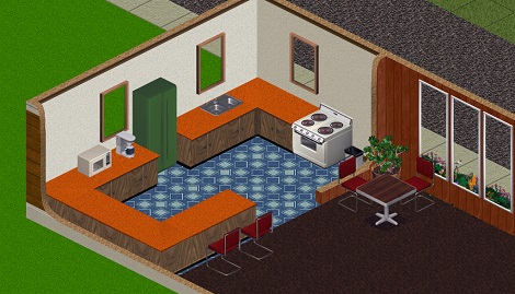 A 1970s kitchen with orange formica countertops and an avocado green fridge.