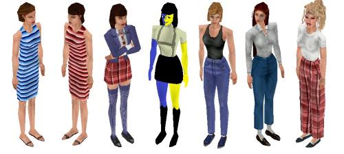 A row of Sims 1 women, modelling 7 new outfit skins.