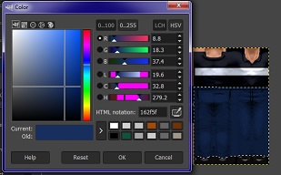 162F5F? Works for me! Recolouring the trousers from green, to grey, to blue.