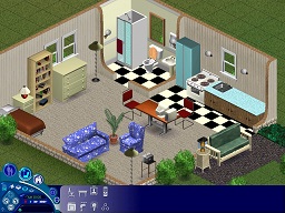 An 8x8 house in The Sims 1, conforming to furniture placement rules from Animal Crossing New Leaf.