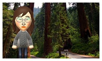 Abby is... in a redwood forest,