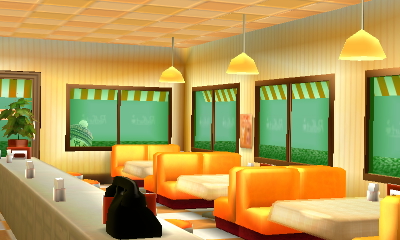 Gremlin peeking into the window of the cafe.