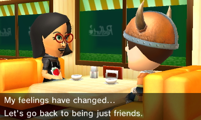 Linda and Wario sitting in a booth at the cafe. Linda says, My feelings have changed, let's go back to being just friends.