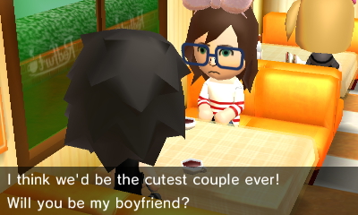 Tina and Joey seated in booths in the cafe. Tina says, I think we'd be the cutest couple ever! Will you be my boyfriend?