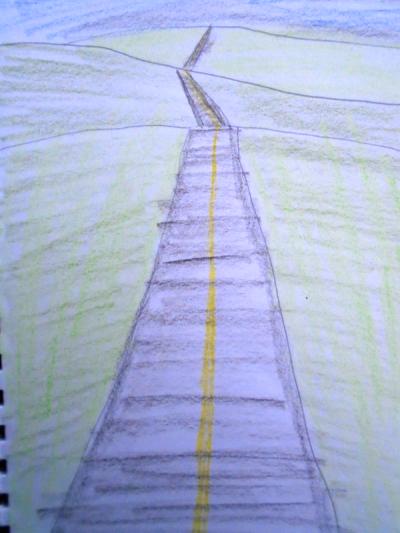 Behold... travel. A quick pencil sketch of a road terminating into the distance, winding through hills.