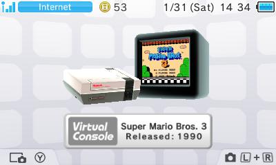 The 3DS homescreen banner for the Virtual Console re-release of Super Mario Bros. 3.